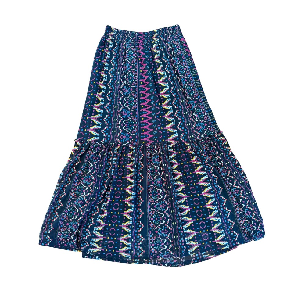 Knox Rose Women XS Blue Pink Geometric Tribal Print Tiered Maxi Skirt Smocked